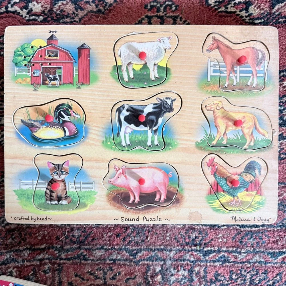 90s Melissa & Doug Wooden Puzzles Vehicles, Farm Sound Peg Puzzles 100% Complete